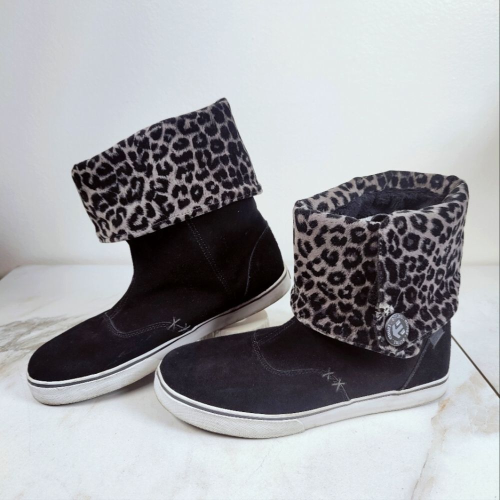 Etnies Women's Black Leopard Print Convertible Fold Over Lounge Ankle Boots, 9.5